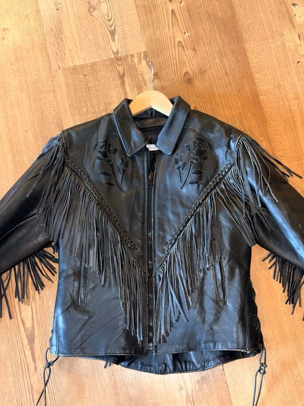 UNIK Leather Vintage Black Biker Jacket Fringe Rose Cutouts 80’s